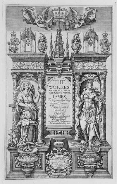 Titelpagina van The Works of James I, gegraveerd door Renold Elstrack (1571-c.1630) 1616 door English School
